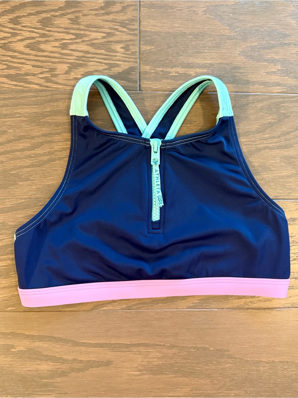 Athleta Girl Colorblock Sports Bra L/12 Navy Mint Pink Zip Front Crossback